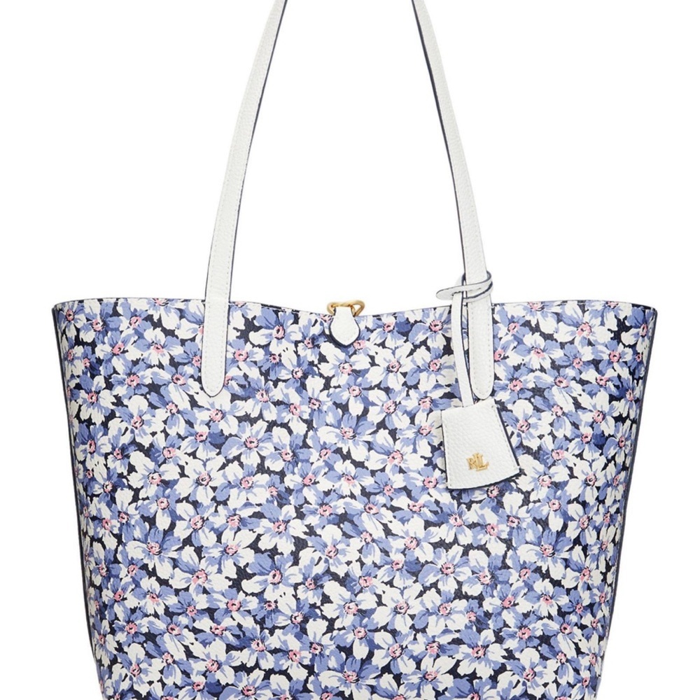 LAUREN RALPH LAUREN Bag Leather Print Tote Purple Vanilla/Breeze Floral w Pouch - Picture 13 of 14